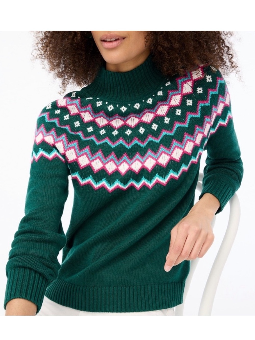 J. Crew Fair Isle Mock Neck Long Sleeve Sweater M Medium Green Pink Cotton